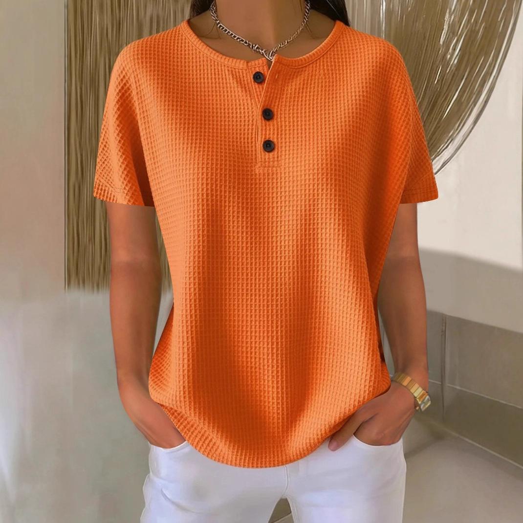 

Fashionable round neck waffle 2026 summer new solid color pullover short-sleeved top S помаранчевий