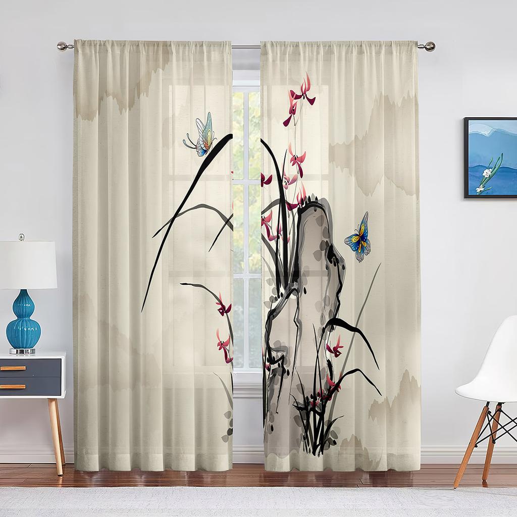 Birds On Branch Cherry Blossom Ink Painting Tulle Voile Curtains for Bedroom Window Curtain for Living Room Sheer Curtain Drapes