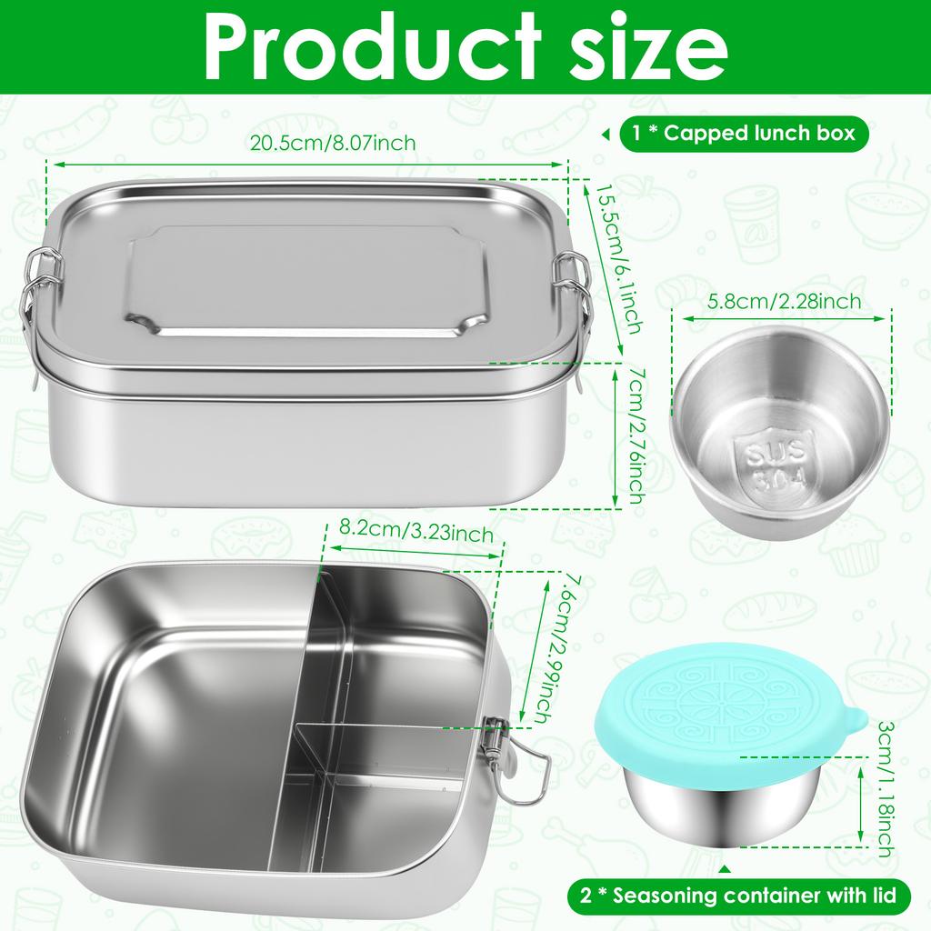 304 Edelstahl Lunchbox 3 Fächer Lunchboxen 1500ML Lebensmittelbehälter mit 2 Gewürzboxen für Kinder und Erwachsene