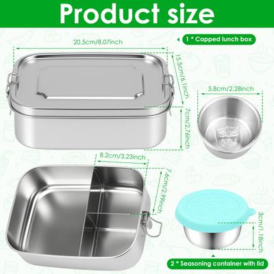 Boîte à lunch en acier inoxydable 304 à 3 compartiments, boîte à lunch de 1500 ml, récipient alimentaire avec 2 petites boîtes pour assaisonnement, pour enfants et adultes