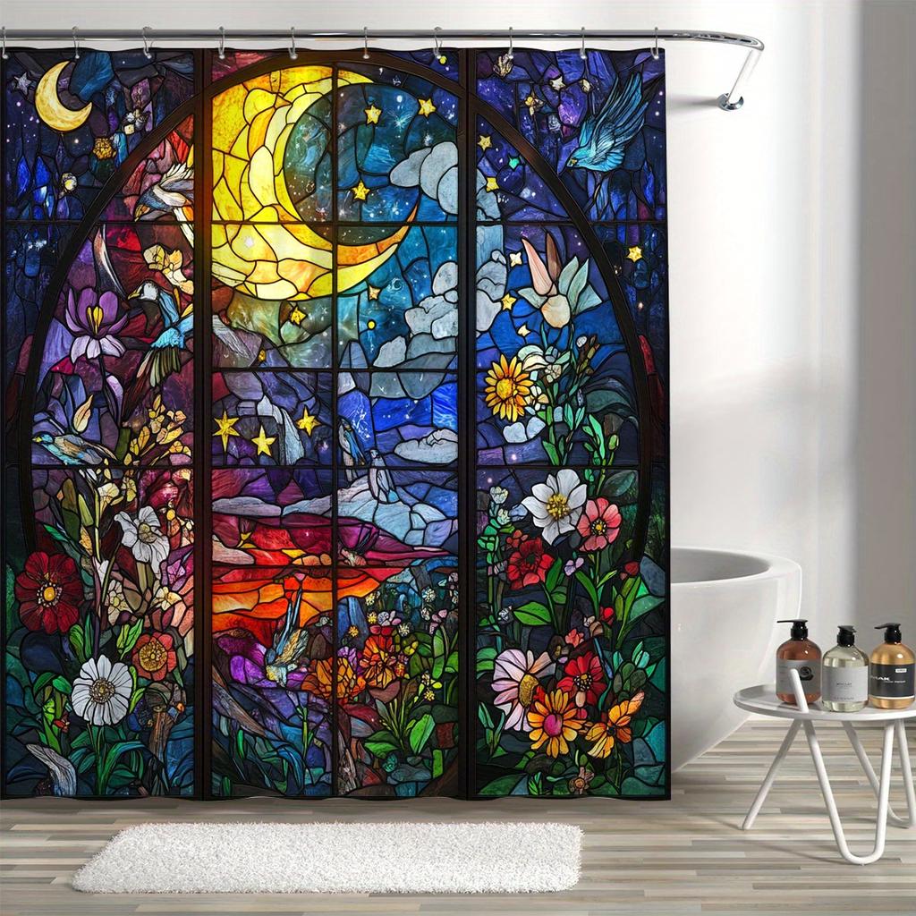 Stained Glass Moon & Flowers Waterproof Shower Curtain - Enchanting Design for a Dreamy Bathroom Décor Experience