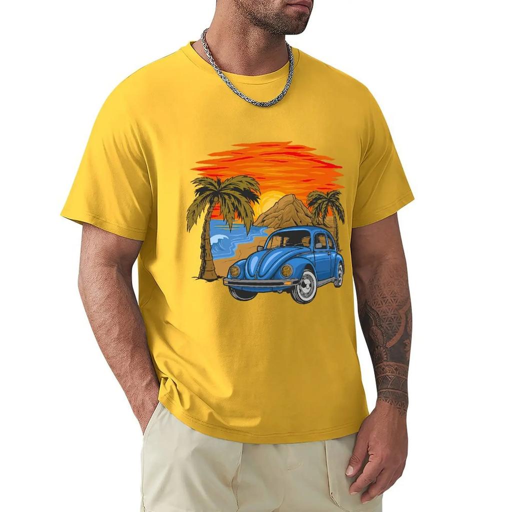 Holiday Vintage Car With Sunset In The Beach T Shirt Harajuku Short Sleeve T-shirt 100% Cotton Graphics Tshirt Tops
