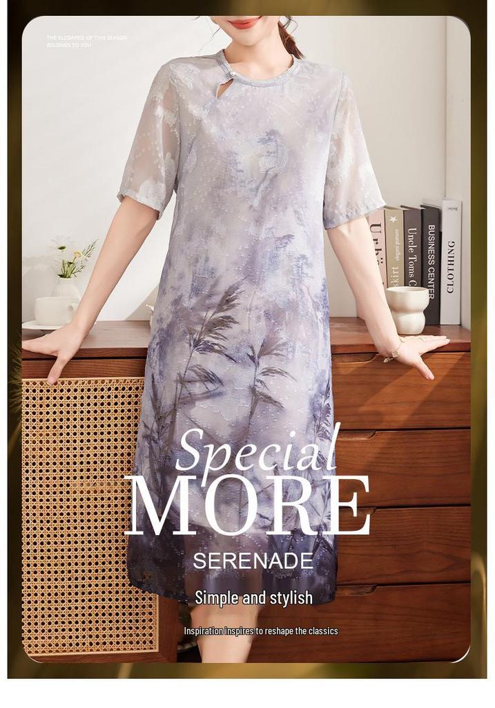 Elegant Chiffon Cheongsam: Stylish Summer Short-Sleeved Dress for Middle-Aged and Elderly