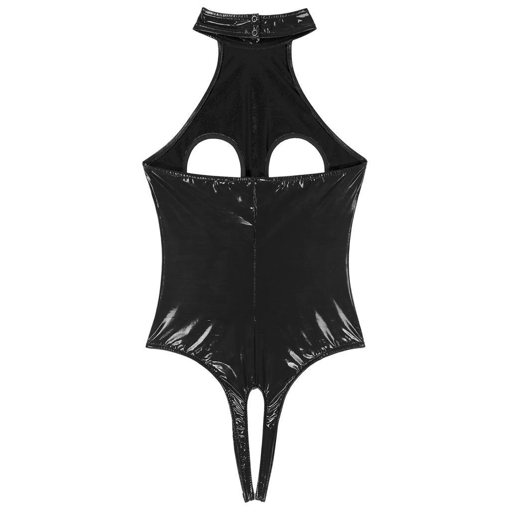 Womens Sexy Cutout Patent Leather Bodysuit Halter Neck Backless Crotchless One Piece Clubwear Bodysuit