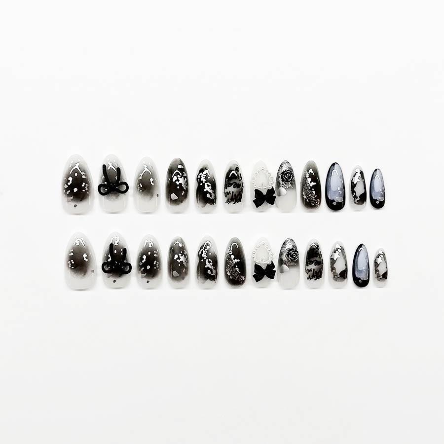 Elegant Long Almond Pearl Heart Black Bow False Nail Tips