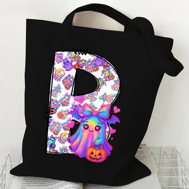 Halloween Alphabet Canvas Bag Going Out Portable Handbag Women's Large Capacity Casual Shoulder Crossbody Bag