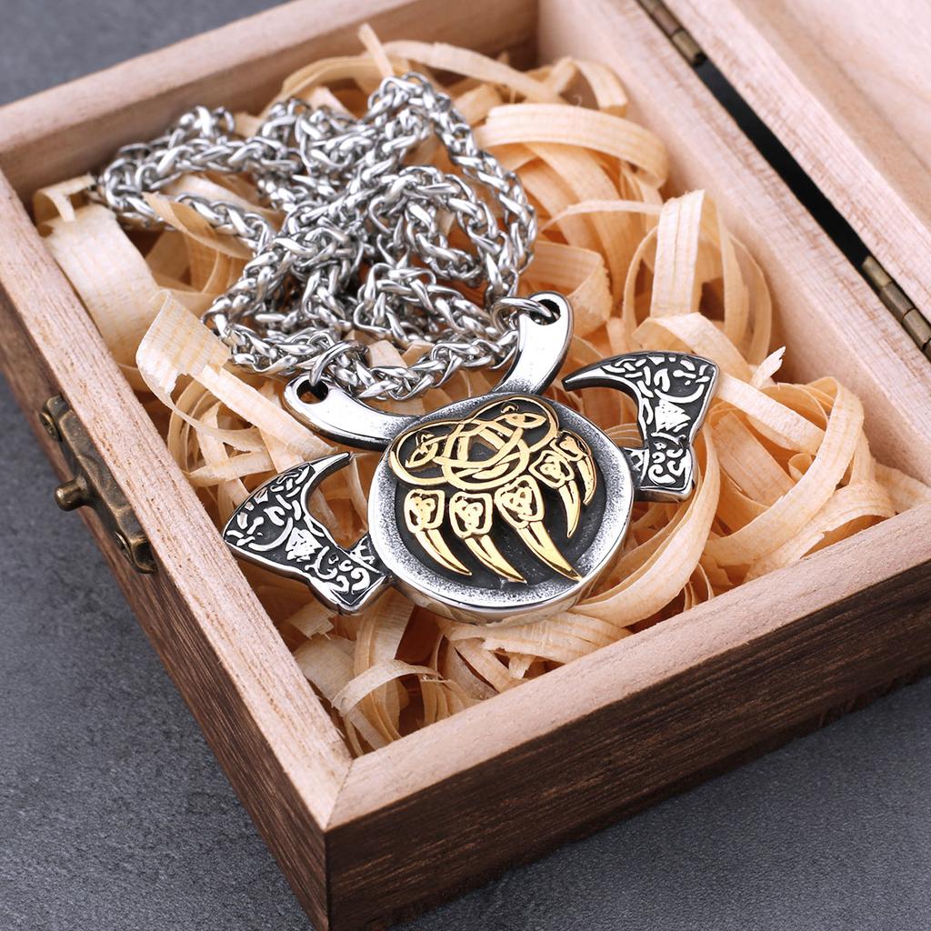 Stainless Steel Viking Bear Claw Axe Necklace Mens Nordic Amulet Pendant Vintage Jewelry Gift for Men