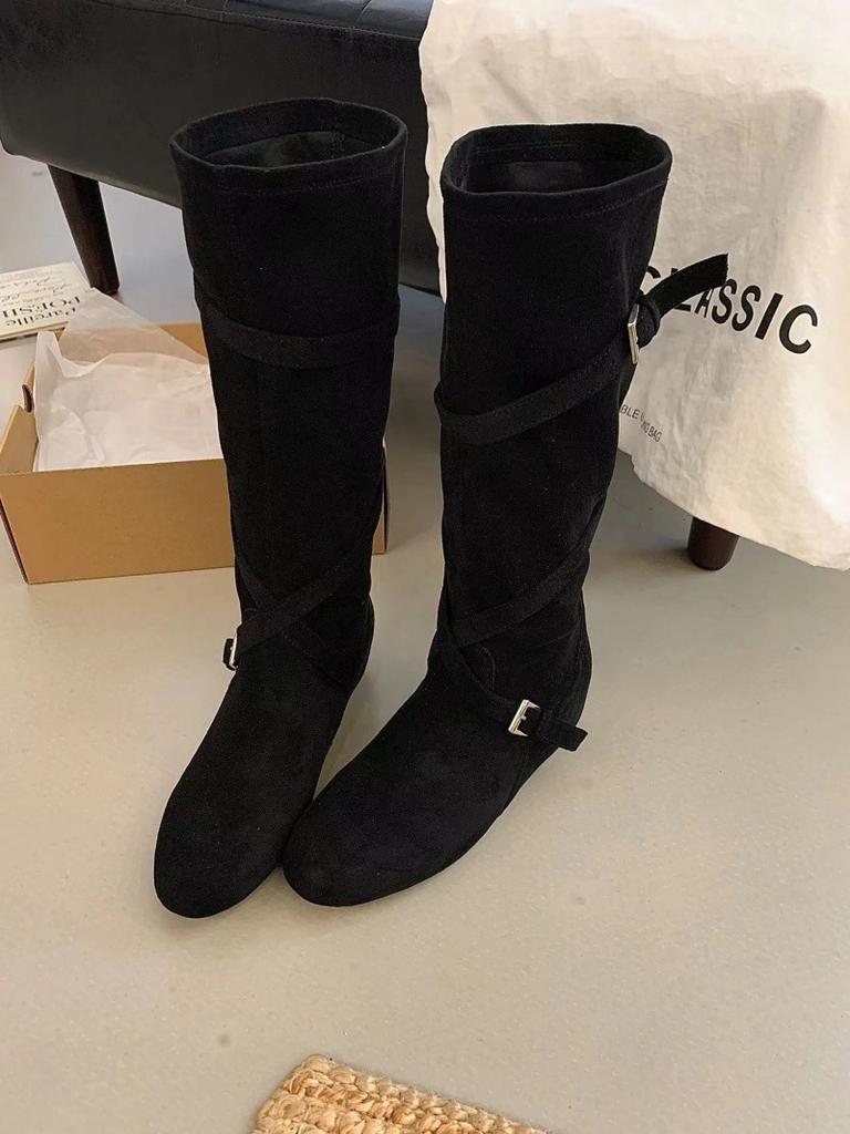 Small Inner Height Increase Belt Buckle Suede Western Cowboy Boots Women's Round Head Cover Boots Inner Height Increase But Knee Boots