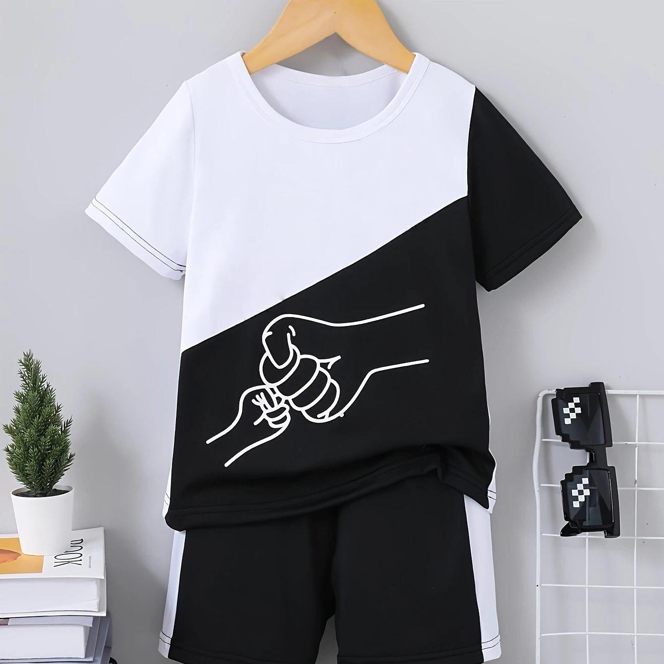 

Letter Big Hand Small Hand Pattern Black White Spliced Contrast Color Short Sleeve T-shirt Shorts Two-piece Set 5-6Y