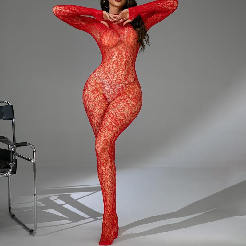 Sex Underwear Red Mesh Sexy Pajamas Long Sleeve Halter Jacquard One-Piece Tights