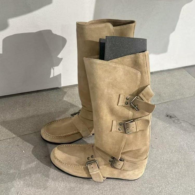Soft leather version~ French hand stitching retro round head belt buckle knight boots women's comfortable inner height increase and thin Martin boots