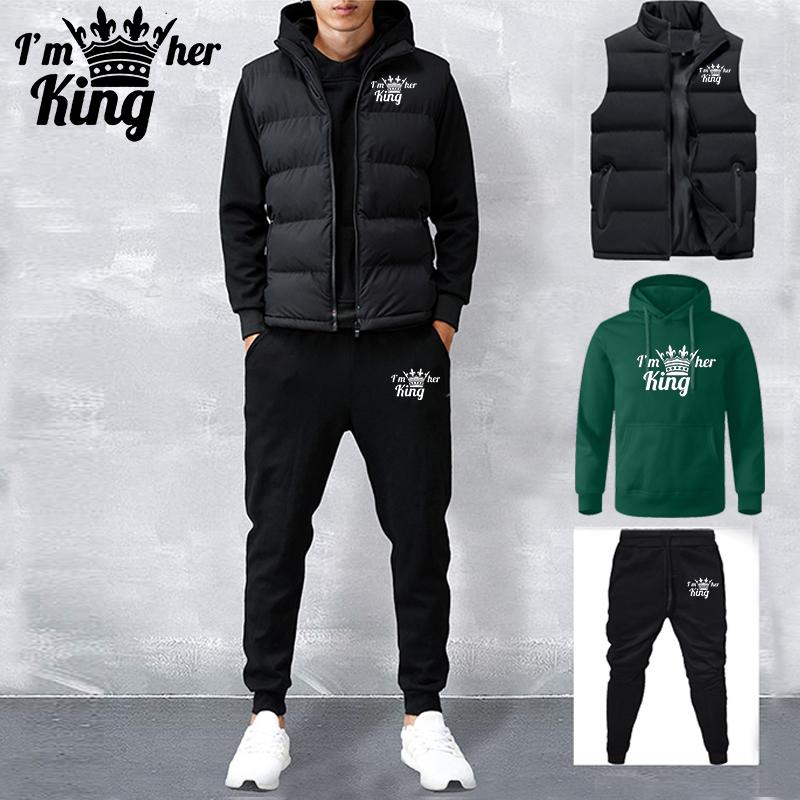 

Мужской спортивный костюм Новый осенне-зимний однотонный худи с принтом + жилет + брюки Набор из трех предметов Парная повседневная спортивная одежда 3XL зелёный