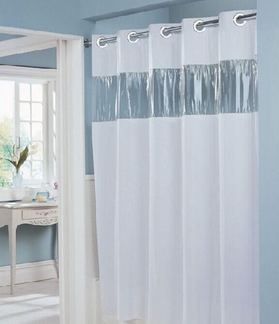 Striped Polyester Shower Curtain With Punched Grommets And Seam Construction For Hotel Use