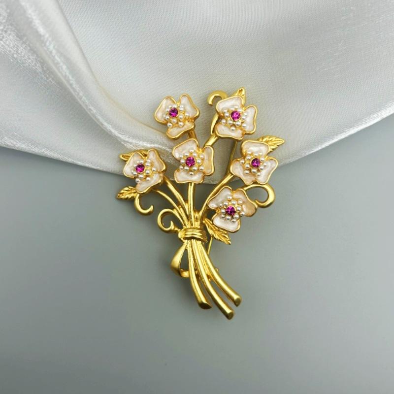 Винтажная Эмалированная Жемчужная Изысканная Брошь-Букет Высокого Качества золотистый