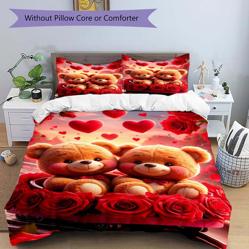 3pcs Anime Teddy Bear Bedding Set - Includes One Quilt Cover and Two Pillowcases (No Core) - Perfect for Bedroom and Guest Room Decoration -