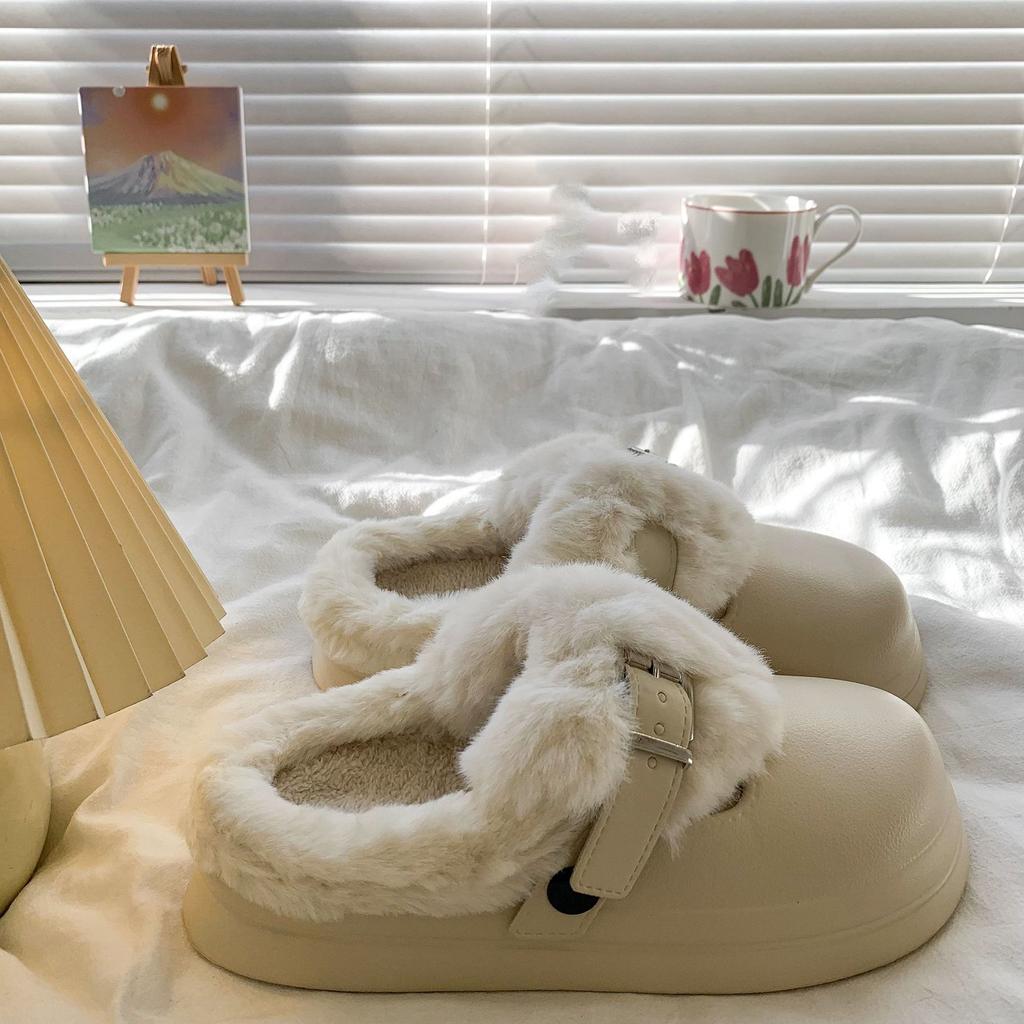 Waterproof Eva Thick Bottom Furry Clogs Women Winter Metal Buckle Fluffy Fur Outdoor Slippers Women's Warm Plush Slippers