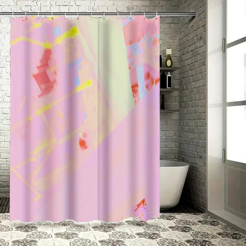 

Colorful Pink Geometric Shower Curtain With Yellow And Blue Accents For Bathroom Decor Polyester Waterproof Fabric W60H190(CM)-1 Pcs