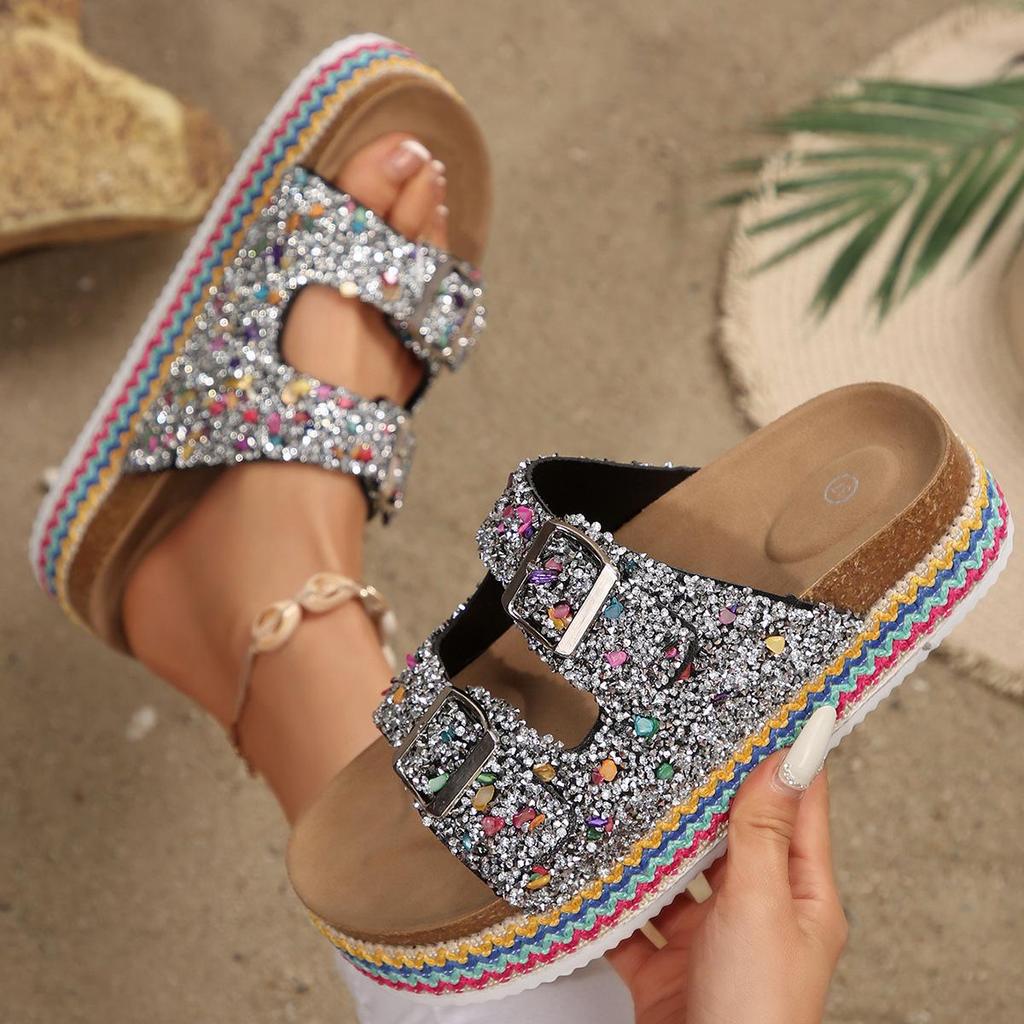 Plus Size Sequin Buckle Cork Slides - Outdoor Double Buckle Sandals