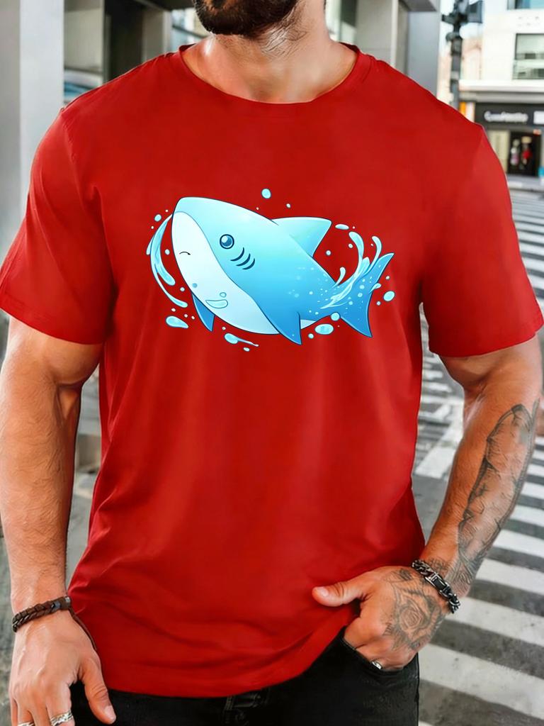 Cute Blue Shark With Water Splash Unisexs Front Print T Shirt Sea Animal Graphic Tee Casual Short Sleeve Top Ocean Lover Gift