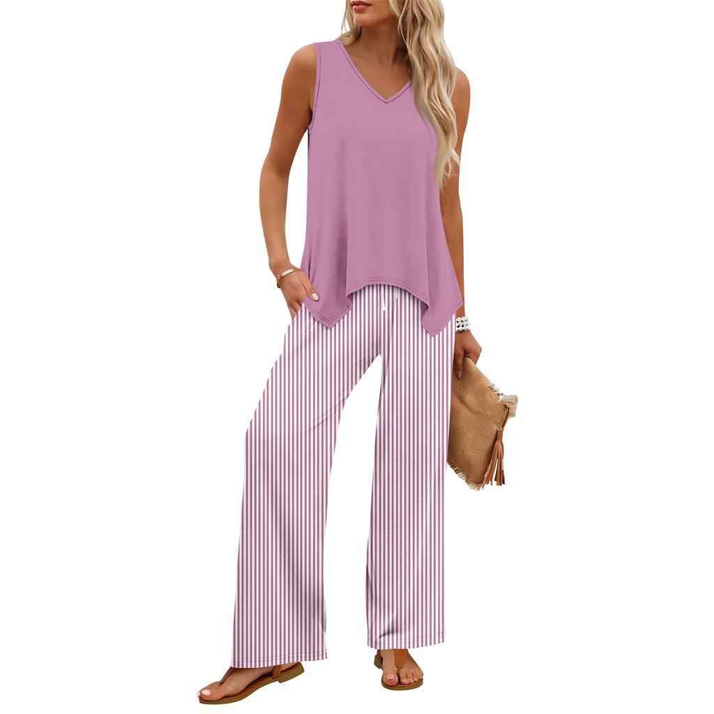 Sleeveless V Neck Tank Top and Striped Wide Leg Pants Two Piece Set for Women Casual Travel Vacation Home Wear