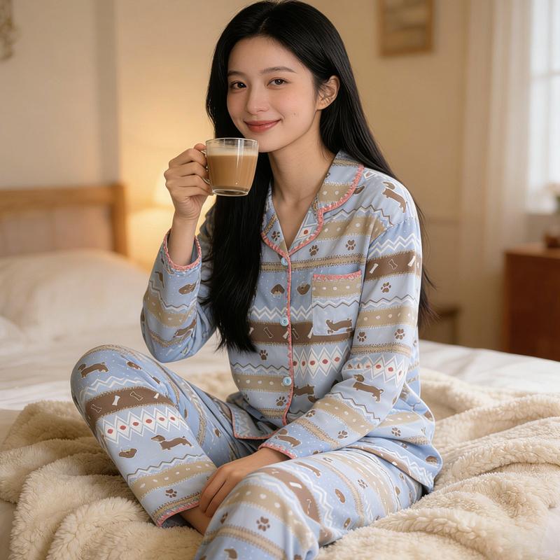 Cute Horse Print Kawaii Pajama Set for Women Spring Soft Fabric Comfort Plaid Loungewear 2 Piece Long Sleeve Top Pants Sleepwear