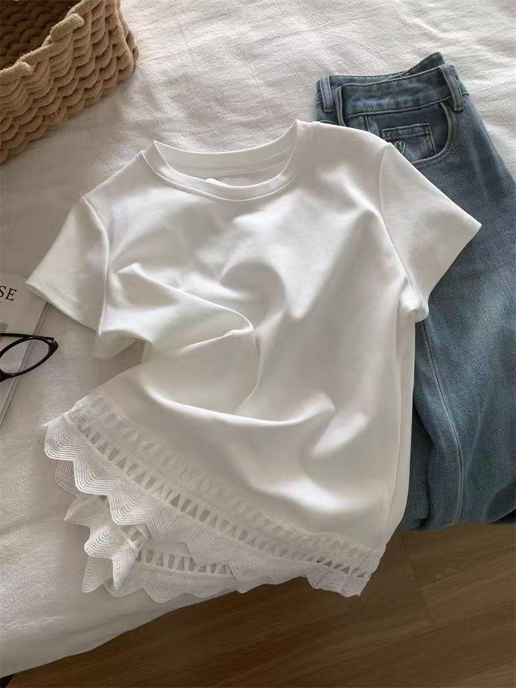 Elegant Floral Lace Patchwork Cotton T-shirt - White, Short Sleeve, Summer Style
