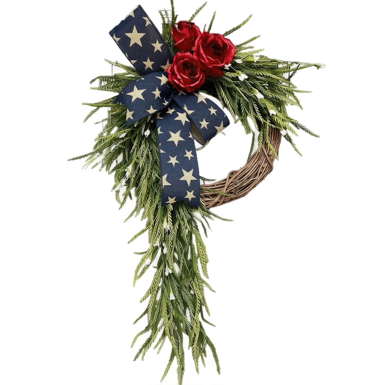 

Patriotic Wreath with Artificial Greenery and Floral Accents for Door Wall Decoration Rustic Grapevine Base with Fabric Bow and Faux Flowers One Size
