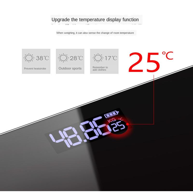Husholdningsgulv kroppsvekt Svart batteridrevet herdet glass LCD-skjerm Digital veiing Baderoms treningsvekt 180 kg 26 cm