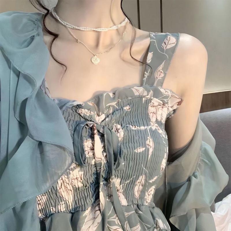 ZZ Schickes Koreanisches Retro Frühjahrs- und Herbst-Zweiteiler: Sexy Trägerkleid + Hemdkleid