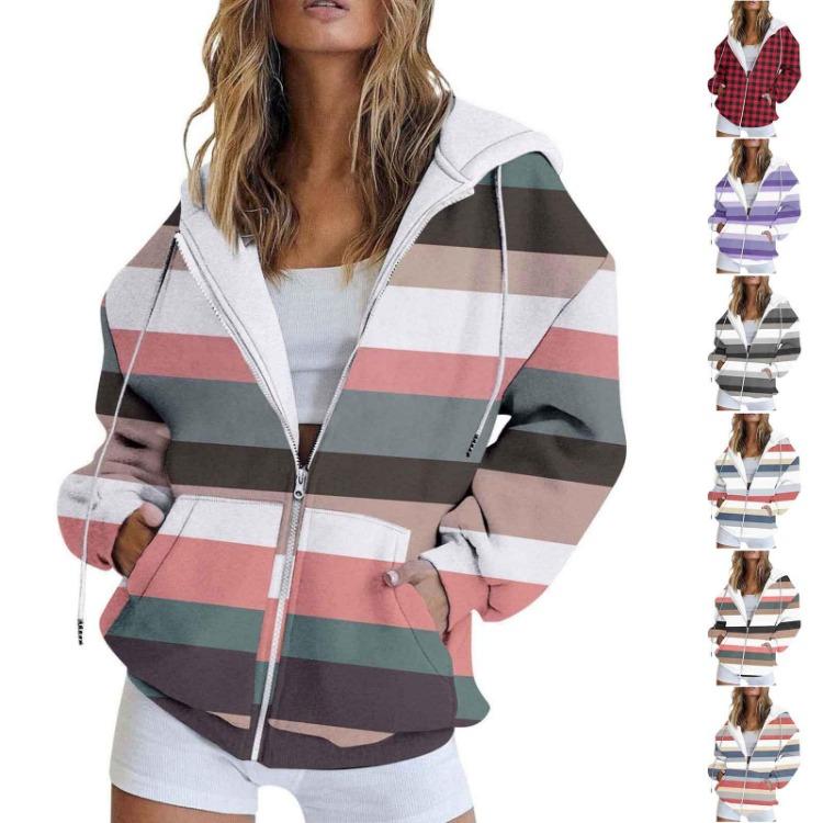 Women Fashion Casual Hoodie Coat Long Sleeve Zipper Sweatshirt Printed Cardigan Jacket Pocket Autumn Winter