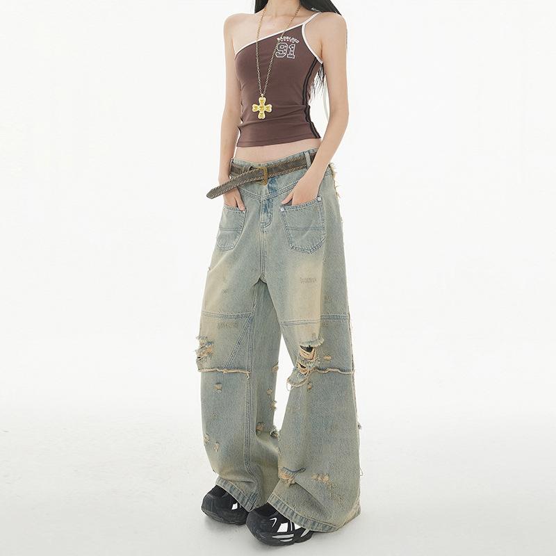 American high street wasteland wind ripped jeans men's and women's autumn new loose washed old wide-leg pants