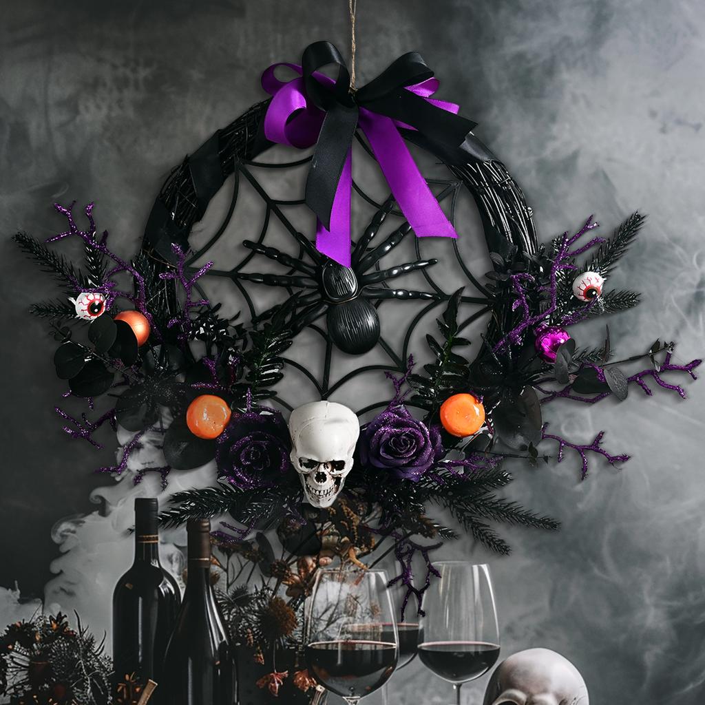 1PC HALLOWEEN wreath Simulated Skull Halloween Haunted house horror party decoration Door hanging purple wreath and rattan ring