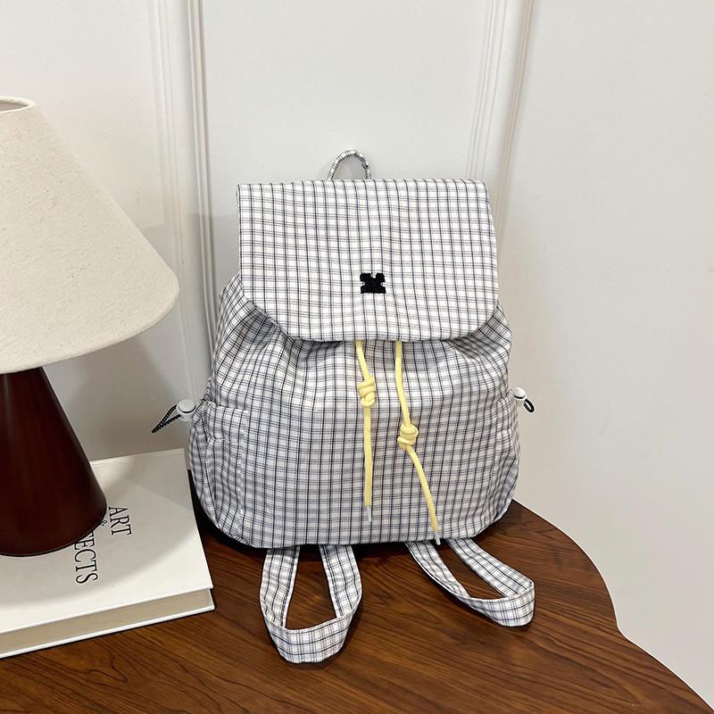 Printed Casual Checkered Backpack With Drawstring Design For Kids Daily Use