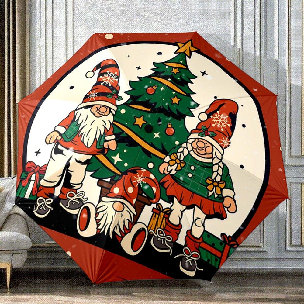 1pc Automatic Folding Umbrella with Christmas Gnomes & Tree Design - Portable Collapsible  Umbrella for s &, Gnome-Shaped Cano Iron&8K