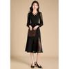 Women's Black Hollow-Out Lace Trim Long Sleeve Midi Dress