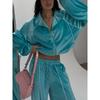 Womens 2026 Street Style Velvet Striped Knit Cardigan Pants Set Casual Sport Wear