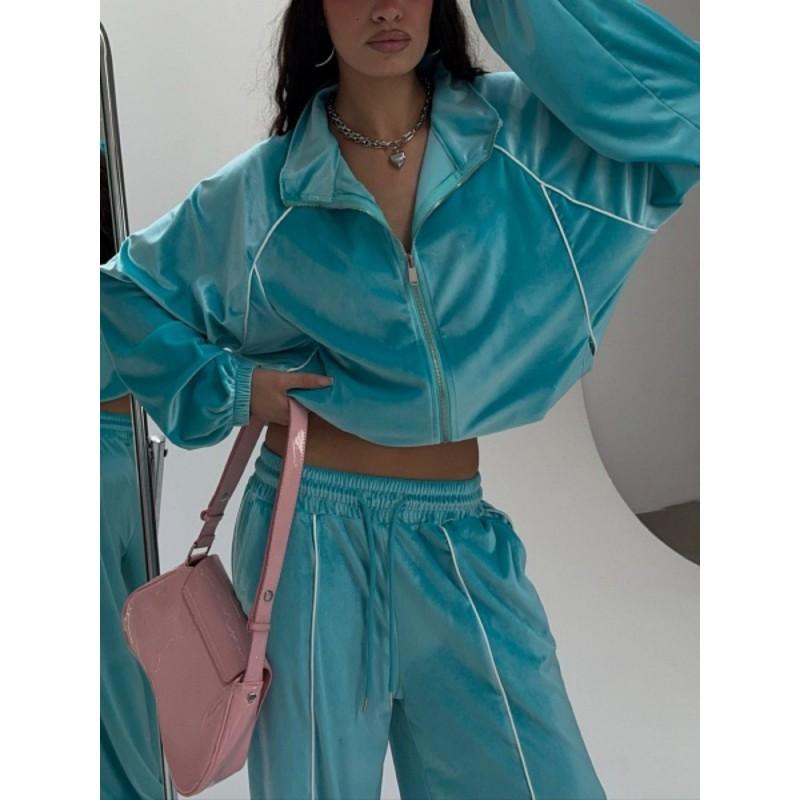 Womens 2026 Street Style Velvet Striped Knit Cardigan Pants Set Casual Sport Wear