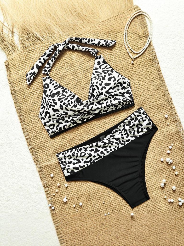 2026 European & American Leopard Print High-Waisted Two-Piece Bikini for Women – Stylish Swimwear