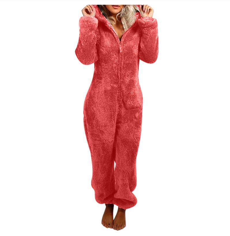 2024 Trendy Europese & Amerikaanse Fleece-Gevoerde Hooded Jumpsuit Pyjama voor Dames