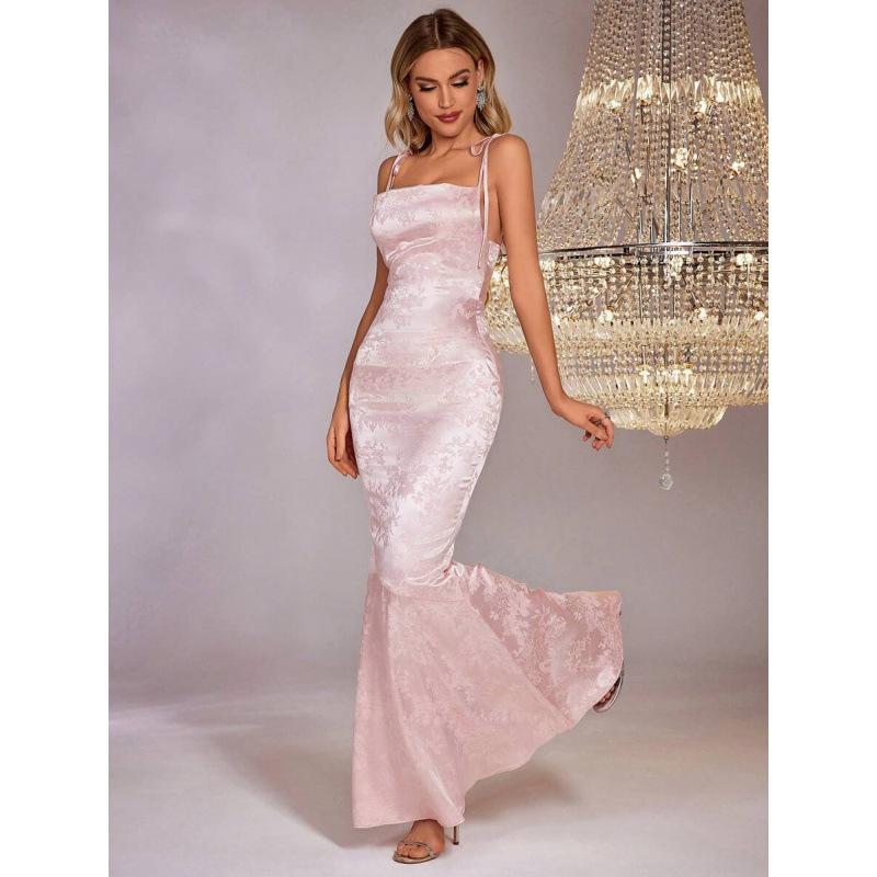 Halter cross strap jacquard satin dress 2026 summer new temperament slim dress S