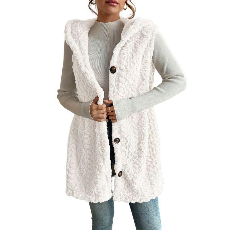 Women's Hooded Plush Sleeveless Coat Cardigan Vest