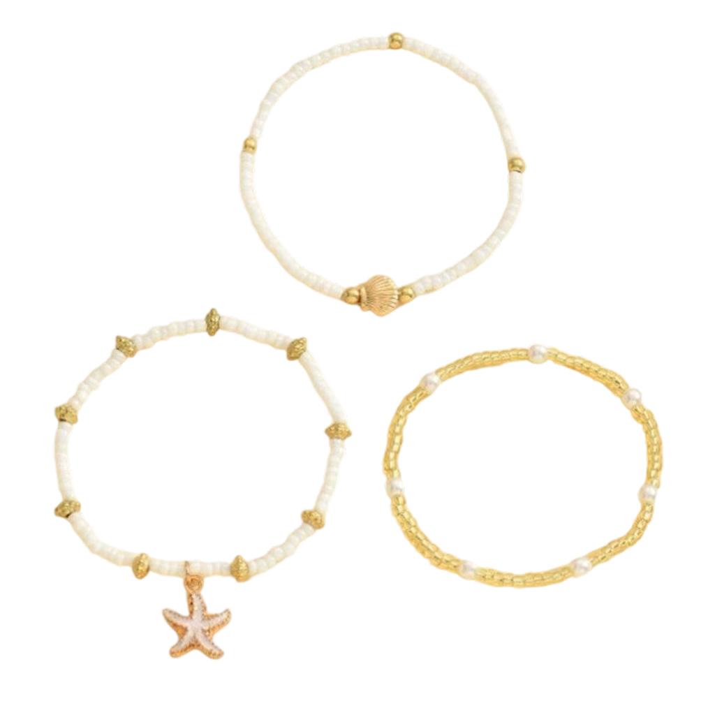 Pack Of 3 Bohemian Adjustable Layering Beaded Necklace/Bracelet With Starfish Shell Pendant For Women Beach Jewelry