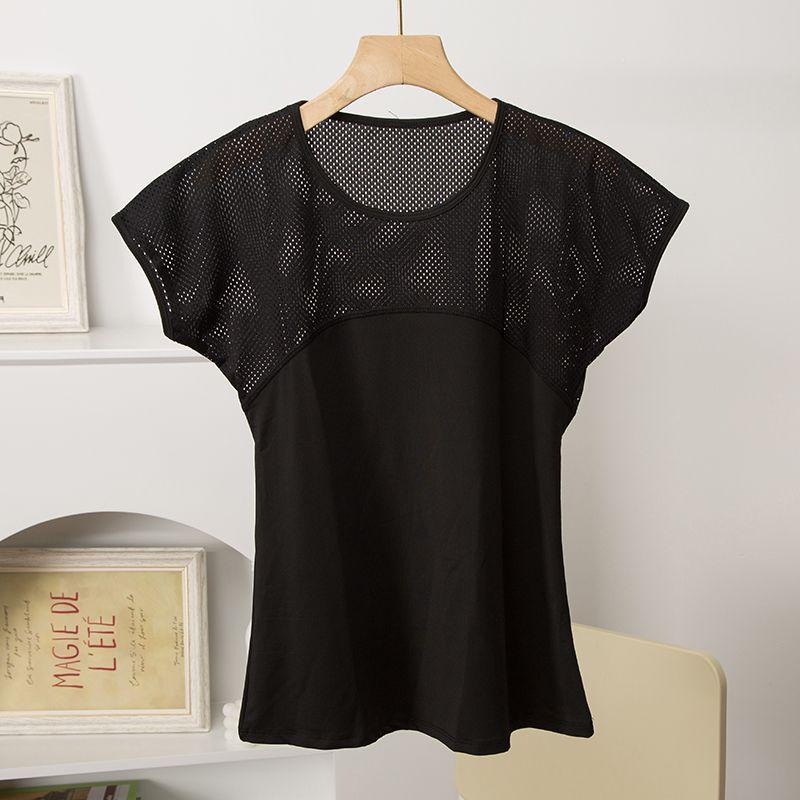 

Mesh Loose T-shirt Workout Top Crew Neck Short Sleeve Black S