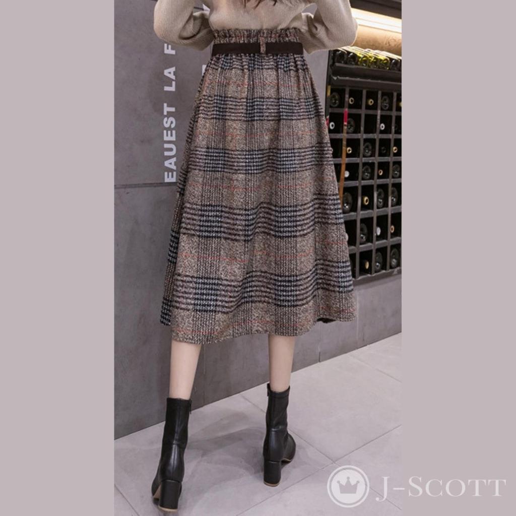 Asymmetrical Flared Midi Glen High with J-Scott Skirt, Length, Plaid, Waist, Tweed, Belt, Brown, JS23-BR-M