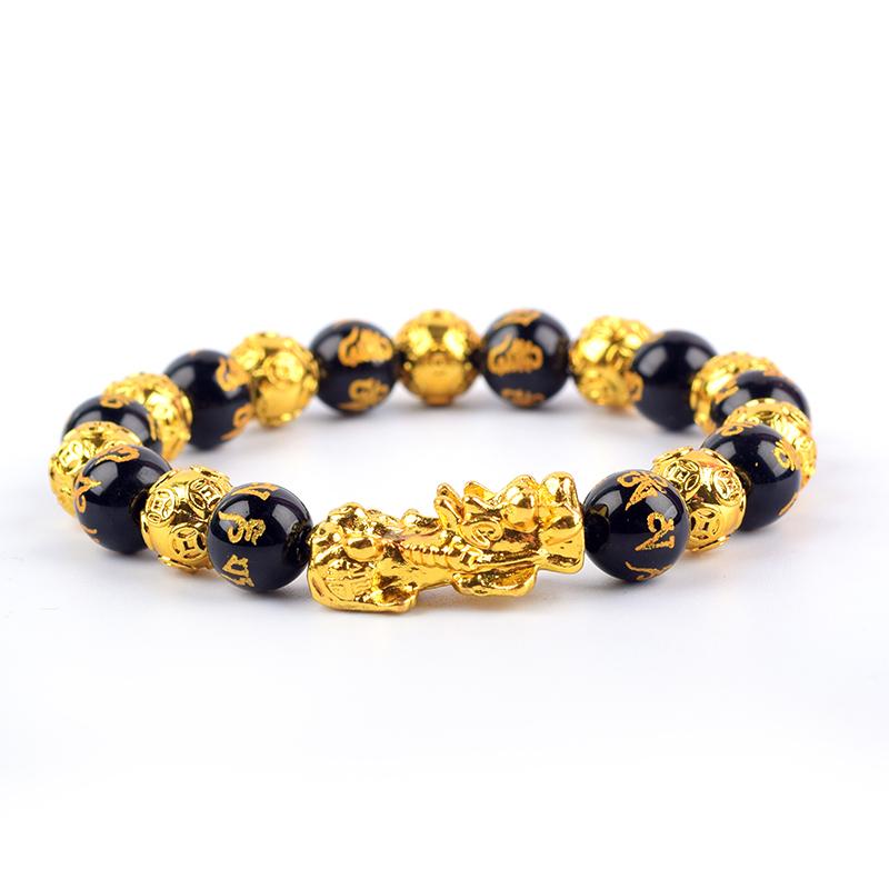 Pixiu Armband Feng Shui Rijkdom en Geluk Armband Heren Polsband Goudkleur Obisidiaan Steen Kralen Zwart Zes Karakter Cadeau