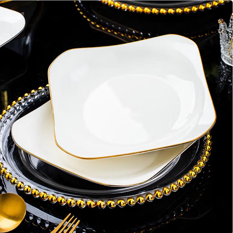 Tai Shun 8-Inch Square Ceramic Deep Serving Plate, Gold Ruyi