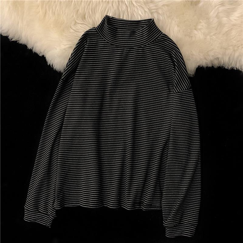 Strat de bază cu dungi supradimensionat pentru femei: Top cu gât semi-înalt, cu mâneci lungi și periat, pentru toamnă/iarnă