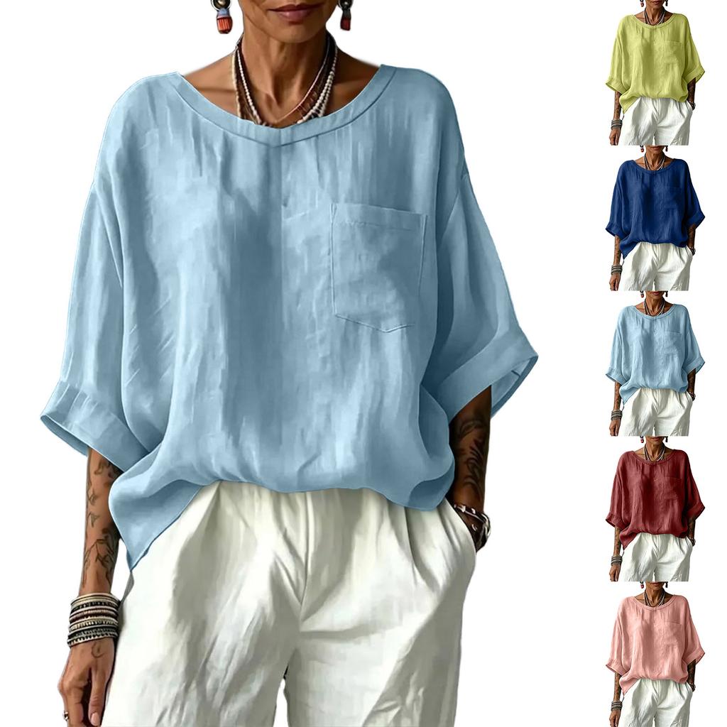 Women's Casual Cotton Linen Sleeve Loose Fit T-Shirt for Everyday Wear