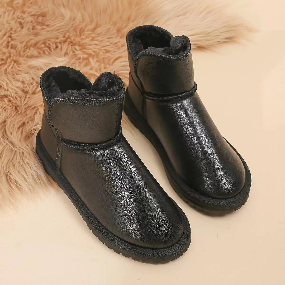 

Модные зимние сноубутсы для женщин Водонепроницаемая кожаная обувь Зимняя меховая хлопковая обувь Толстые плюшевые женские ботильоны Botines Para Mujeres 36 чёрный