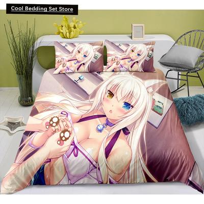 Set de lenjerie de pat drăguț cu model de pisică anime majordom NEKOPARA 3 piese, cu imprimeu de joc, husă de pilotă și față de pernă, decor pentru dormitor pentru adolescenți otaku